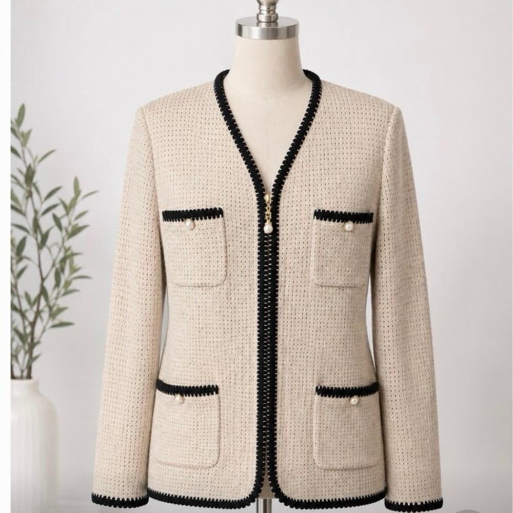 St. John Collection Marie Gray Knit Jacket Blazer Beige Black Size 10 USA
